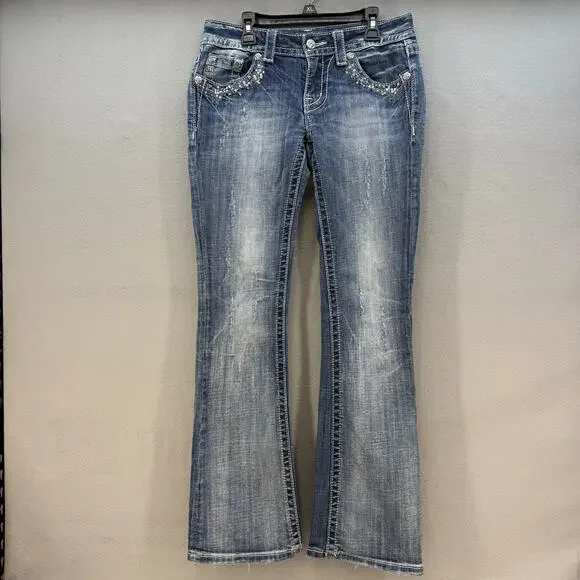 Miss Me Jeans Women's 27x31 (4) Blue Bootcut Rhinestone Pocket Flaps Studding - Picture 2 of 16